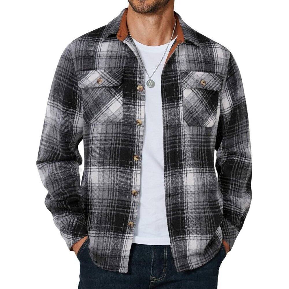Coofandy Men Black Flannel Plaid Button Down Jacket Shirt with Pockets